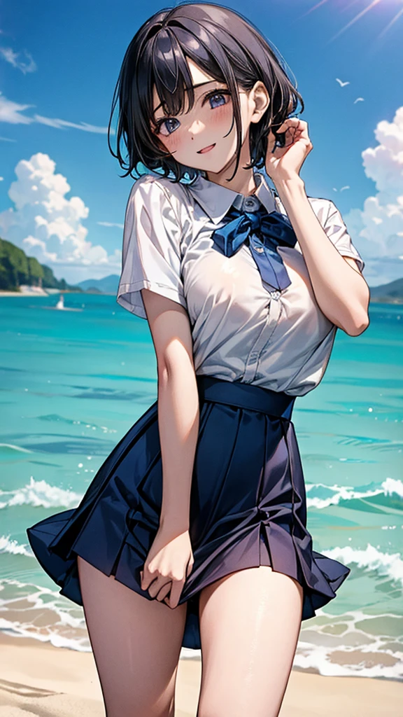  1 girl、Aoi Yuki、 bob hair、 best smile、plain white short-sleeved shirt with boobs in close contact 、Big breasted braless 、 shirt with transparent boobs 、 fluffy flared skirt with blue super mini skirt 、 lift up the miniskirt with both hands to show off the white panties、 punch、 sandy beach and sea and Nyudo clouds 