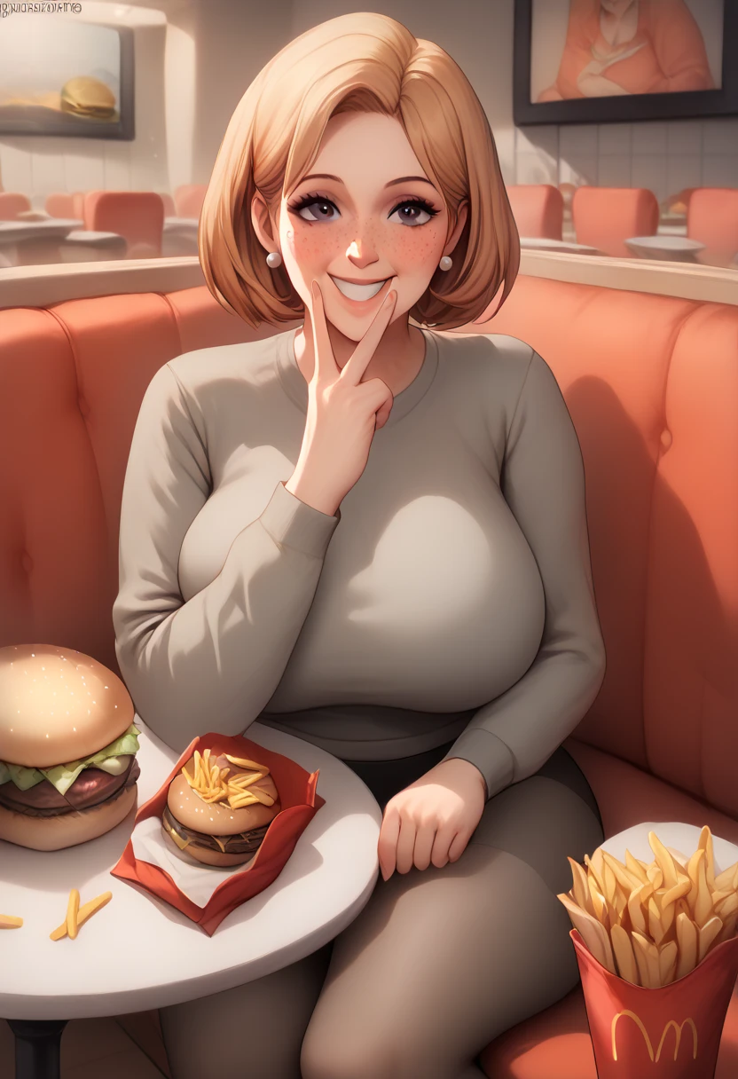 ((best quality)), ((highly detailed)), ((masterpiece)), 1girl, solo, (mcmom), huge breasts, grey shirt, sitting, black eyes, restaurant,smile, blush, table, burger, fries, food, indoors, bigs breats, freckles, sitting in an armchair, mc mom clothes, thick thighs, long pantyhose, cunnilinguis gesture