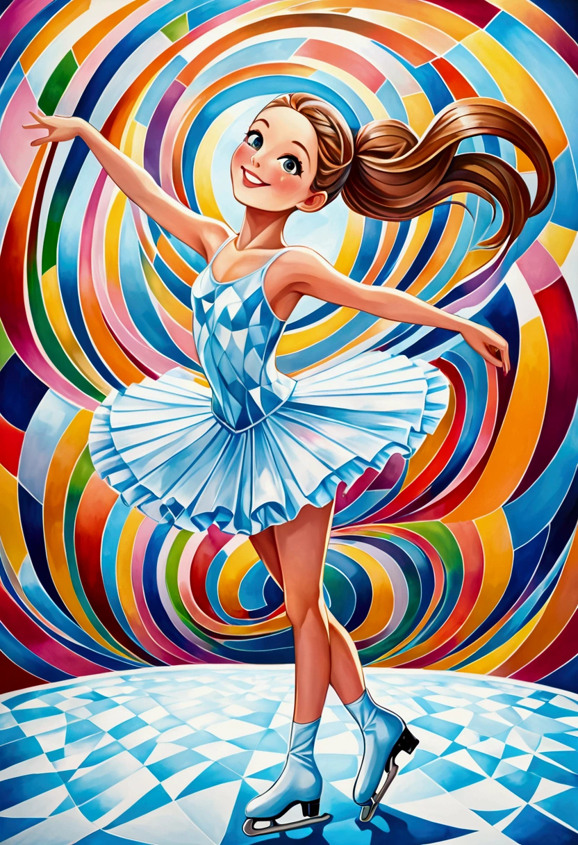 a scratch oil painting of one girl, ballerina, ice dancer on ice skates, wearing ice skates, pony tail, smiling, happy, satisfied.,，, (scratch:0.6) smile, vivid color, cubism style, perfect mix color, super detailed, best quality wallpaper, 8k, absurdity, expressive realism, perfect lightness