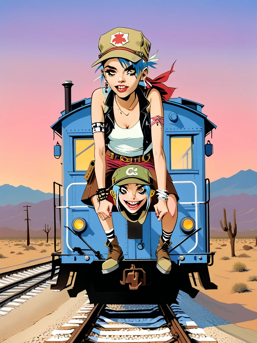 Tank Girl, cowgirl hat, riding back caboose of traincar, dusk, desert, 