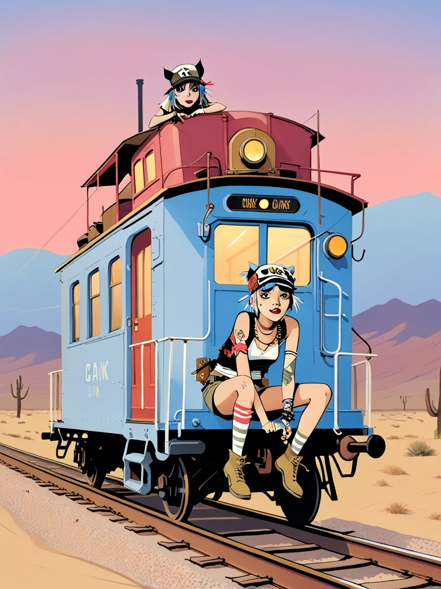 Tank Girl, cowgirl hat, riding back caboose of traincar, dusk, desert, 