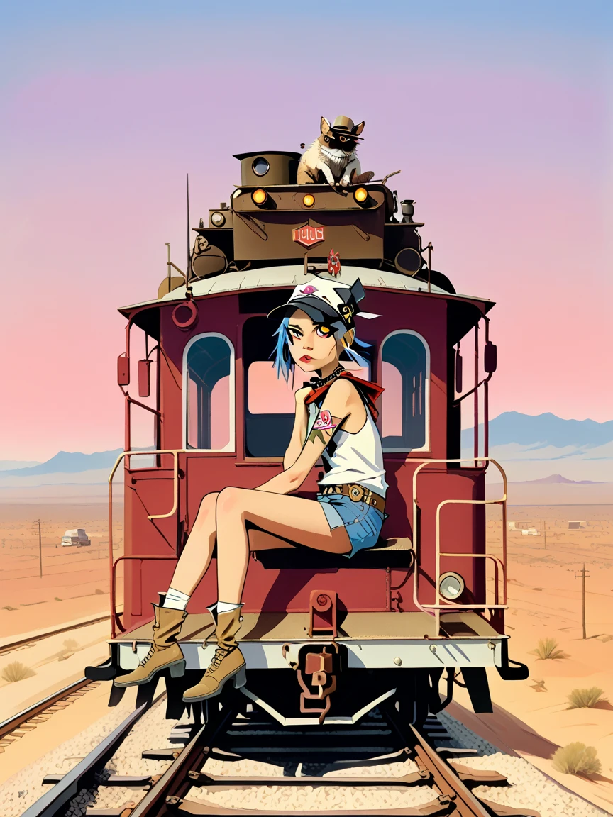 Tank Girl, cowgirl hat, sitting perched, riding back caboose of traincar, dusk, desert, endless train, endless vast skyline