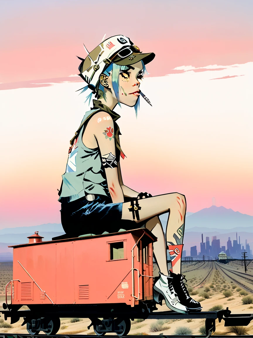 Tank Girl, cowgirl hat, sitting perched, riding back caboose of traincar, dusk, desert, endless train, endless vast skyline