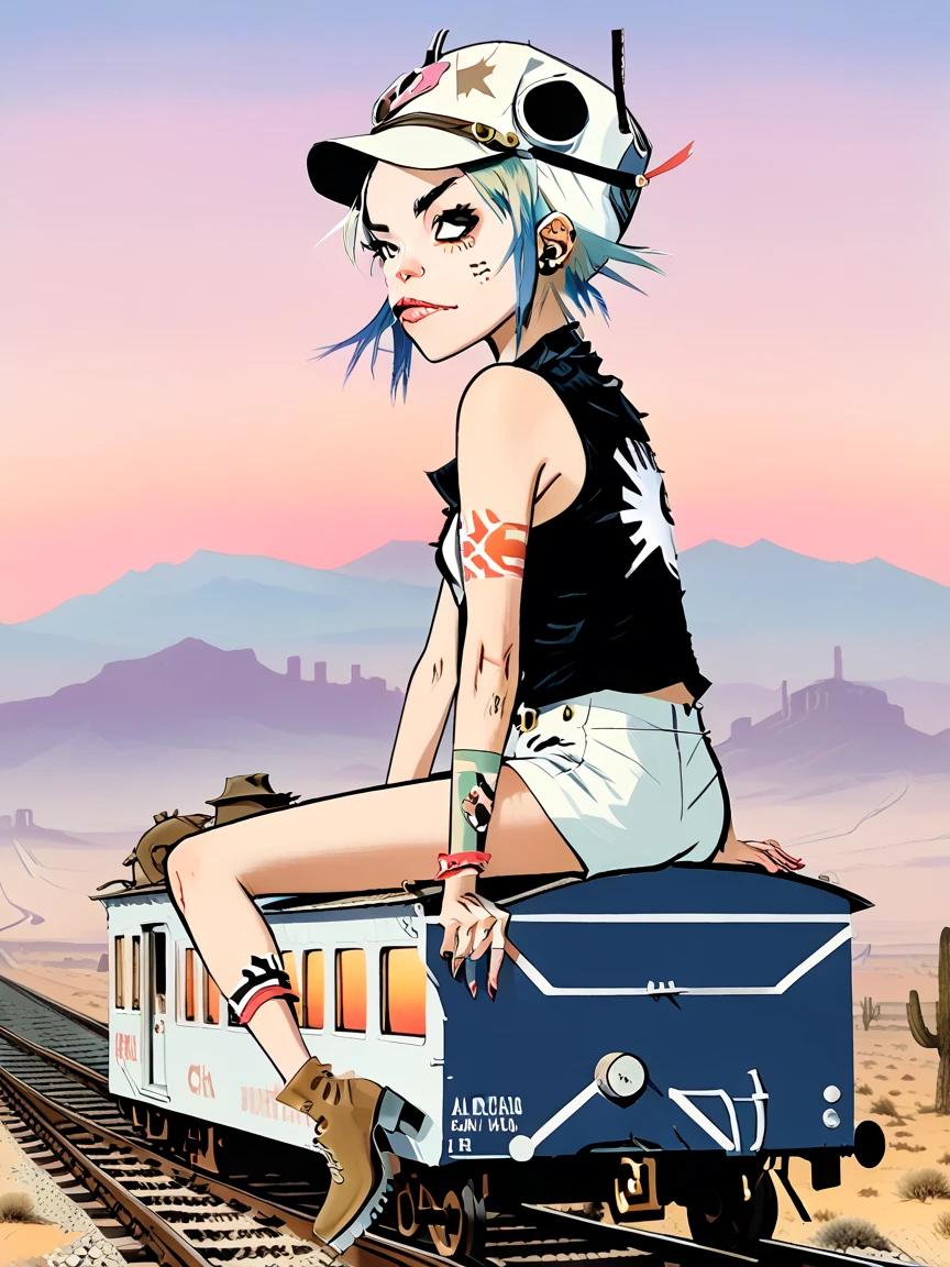 Tank Girl, cowgirl hat, sitting perched, riding back caboose of traincar, dusk, desert, endless train, endless vast skyline