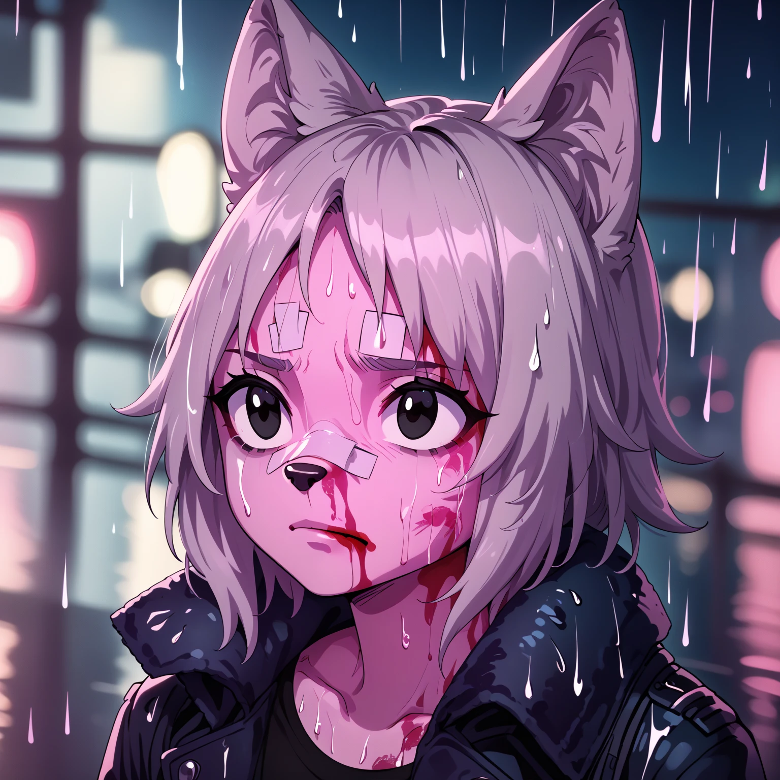 Anthropomorphic wolf, black eyes, grey hair, , wolf ears, black jacket,
portrait, blood on face, band-aid on nose, blurred background, pink lighting, night, darkness, pink theme, rain