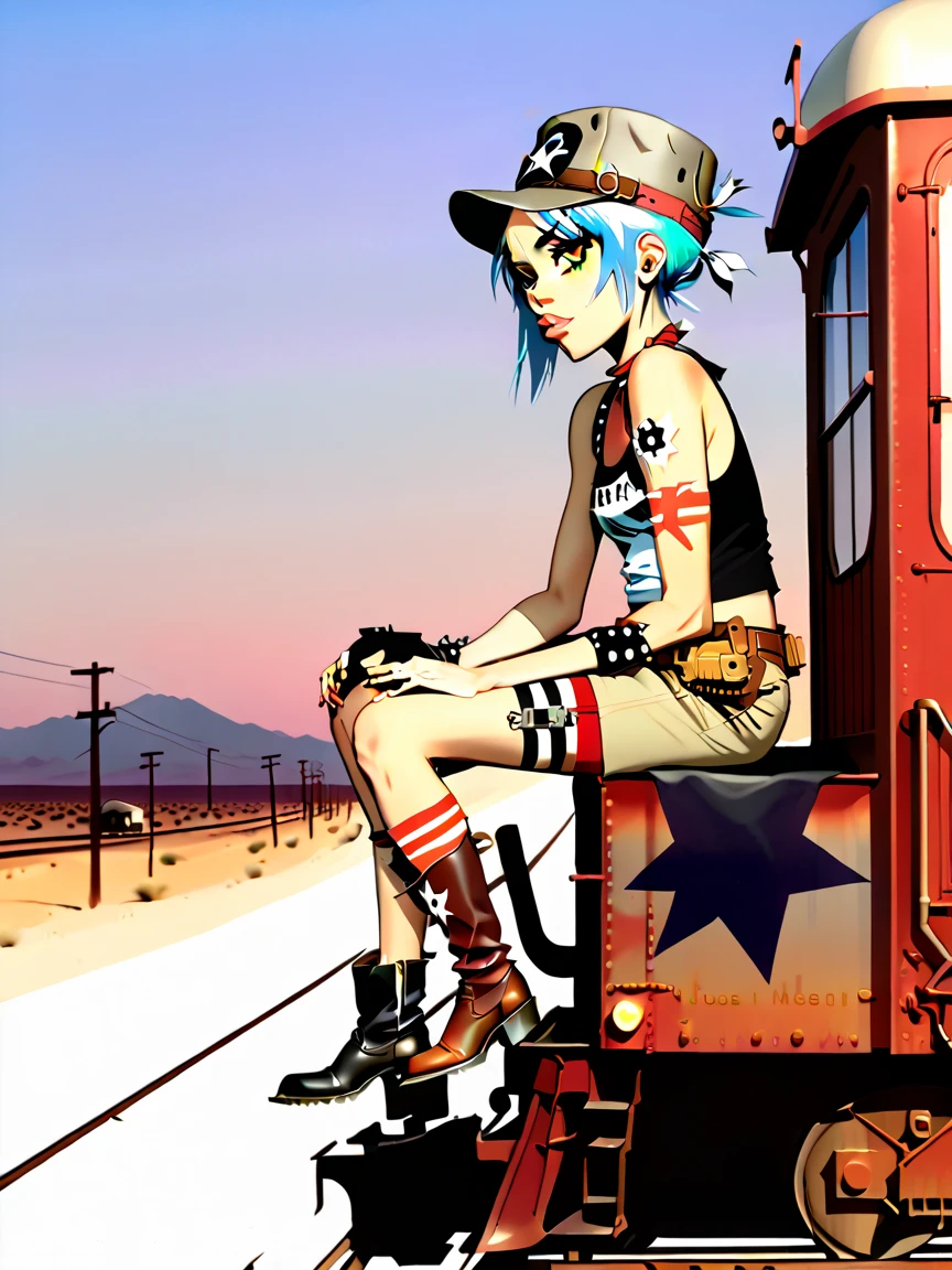 Tank Girl, cowgirl hat, sitting perched, riding back caboose of traincar, dusk, desert, endless train, endless vast skyline