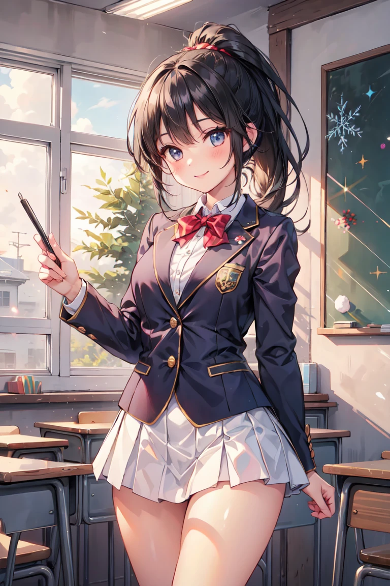 ((masterpiece、highest quality))、An illustration、Very detailed、high school girl、whole body、ponytail、uniform、blazer、smile、Above the knee skirt
