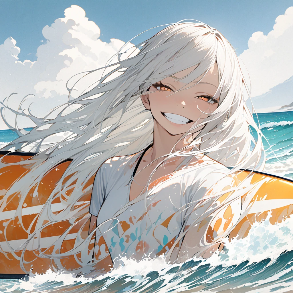 Long white hair, Surfer, Surfer girl, at the beach, waves, water, wearing bikini, surfboard, Solo, Solo, 1girl, High Resolution, Long Hair, Looking at viewer, High Resolution, Detail, High Details, Very Long Hair, White Hair, Parted Lips, Grin, Smirk, Laughing, Amber colored eyes