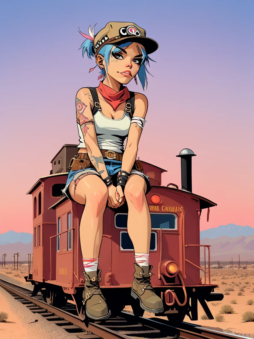 Tank Girl, cowgirl hat, sitting perched, riding back caboose of traincar, dusk, desert, endless train, endless vast skyline