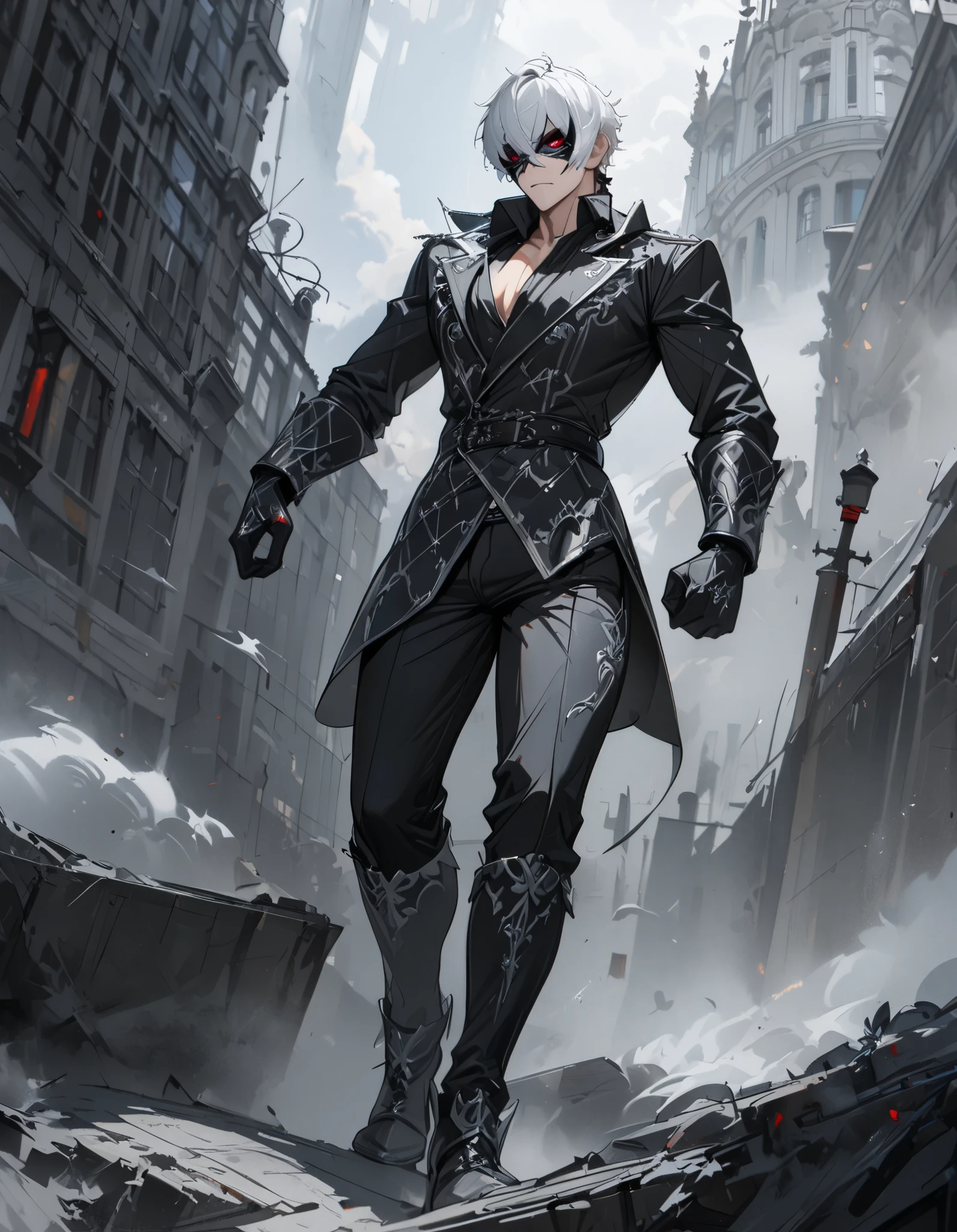 1 male, short hair, white hair, green eyes, black and silver diluc clothes, (best quality,4k,highres,masterpiece:1.2), slightly muscular, half mask, full body