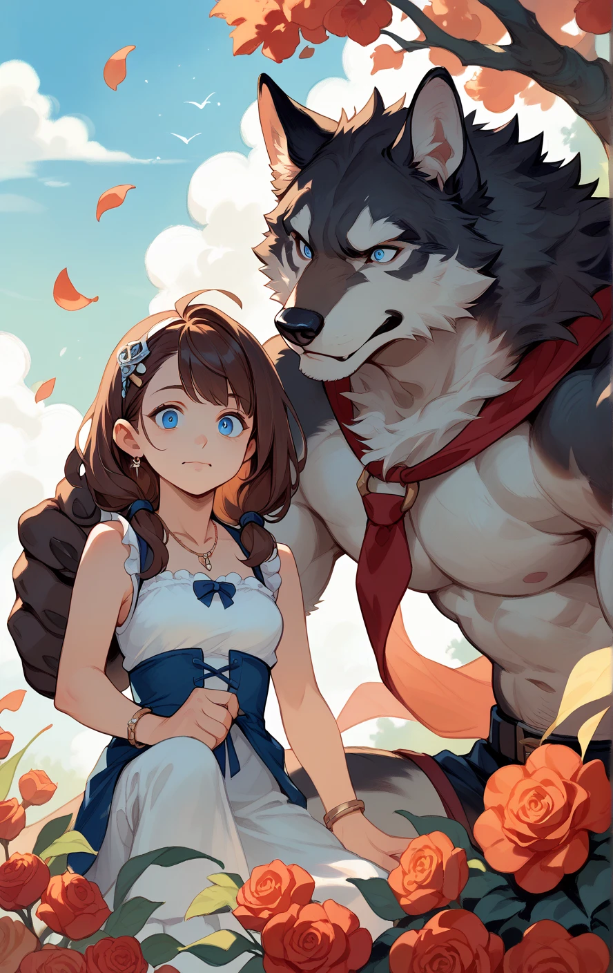 rating_safe, score_9, score_8_up, score_7_up, score_6_up, score_5_up, score_4_up, hires, highres, source_furry, watercolor, soft color, love story of human girl with long brown hair with blue eyes and red giant wolf with white underbelly, family photograph, girl is smiles, wolf is confused, the girl is smiling, full body,duo,