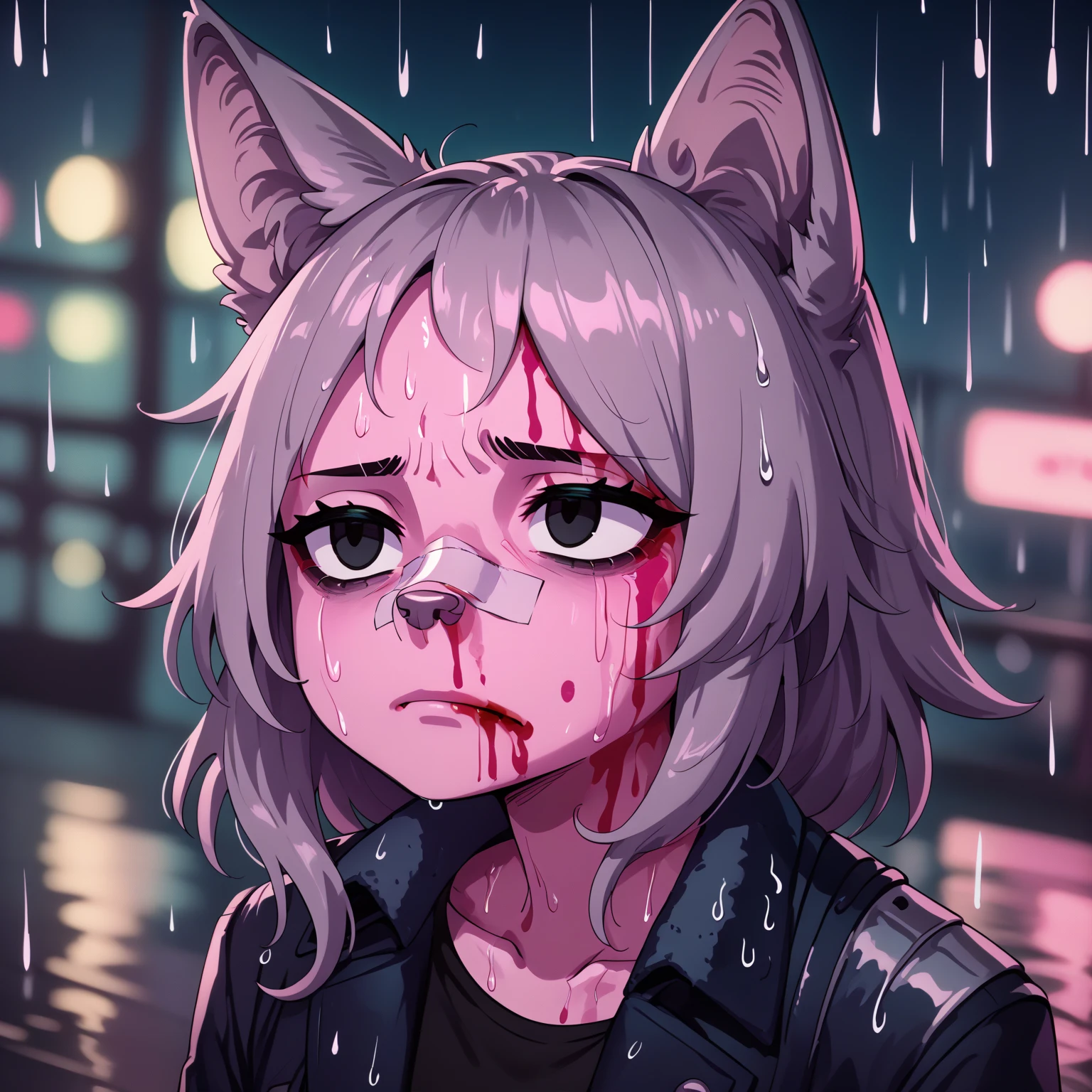 Anthropomorphic werewolf, black eyes (tired eyes), grey hair, wolf ears, black jacket,
portrait, blood on face, band-aid on nose, blurry background, pink lighting, night, darkness, pink theme, rain