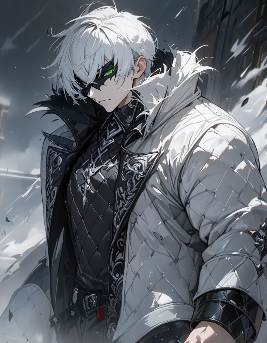 1 , handsome fashion hair,black hair highlight white hair, fanstasy, smile face, male ,fantasy, reaper, hunter with blackshortsword, villian face, short hair black armor , darkness wolrd,