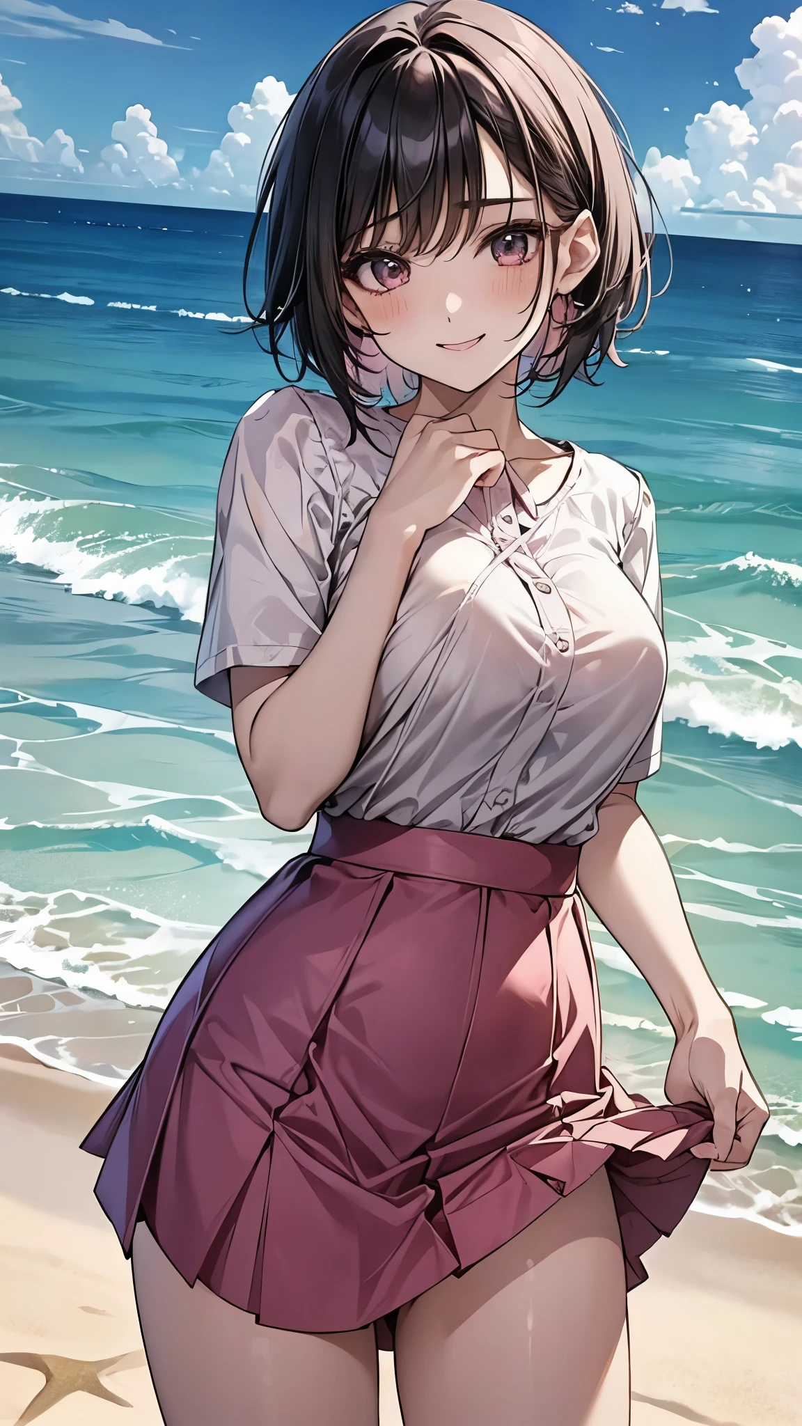  1 girl、 bob hair、 best smile、plain white short-sleeved shirt with boobs in close contact 、Big breasted braless 、 shirt with transparent boobs 、Pink miniskirt fluffy flared skirt 、 lift the pink miniskirt with both hands to show off cute white panties、 punch、 sandy beach and sea and Nyudo clouds 