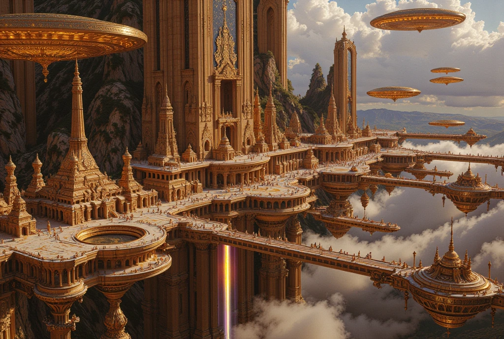 A magnificent, flying city inspired by ancient Indian architecture, soaring gracefully above the clouds. The city blends ancient Indian design with modern steampunk engineering, featuring towering gopurams adorned with intricate carvings of deities, mythical creatures, and elaborate floral patterns. Golden domes, spires, and sandstone facades shine with divine brilliance, while massive, glowing anti-gravity engines and brass-steampunk mechanisms keep the city afloat.

The city is a paradise of cascading waterfalls, lush gardens, and flowing water channels, with aqueducts and reservoirs seamlessly integrated into the design. Suspended mechanical bridges and rotating platforms enhance the futuristic aesthetic, while streams of water glisten in the sunlight, creating a serene, oasis-like environment.

Surrounding the city are enormous ancient Indian magical vimanas (warcrafts) hovering protectively. These warcrafts are ornately decorated with detailed carvings and glowing mystical energy, blending traditional craftsmanship with futuristic weaponry. The skies are painted with hues of gold, purple, and crimson as the city navigates through the heavens.

The scene exudes a sense of divine grandeur, merging the innovation of modern engineering with the timeless elegance and mystical power of ancient Indian heritage. The atmosphere is epic and otherworldly, showcasing a celestial realm of unparalleled beauty and protection.

