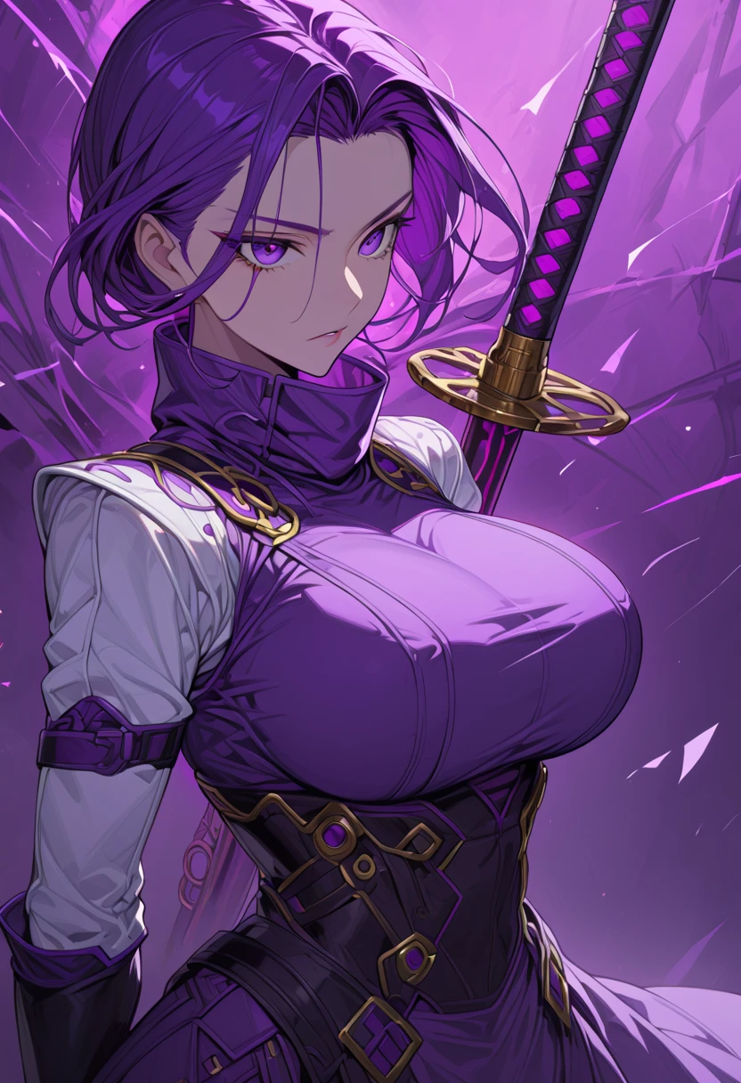 a woman, purple hair, white and purple ninja outfit, red scarf, huge breasts, very short crop top you can see part of the breasts underneath, elegant dark purple skirt, saber in the back, determined seductress