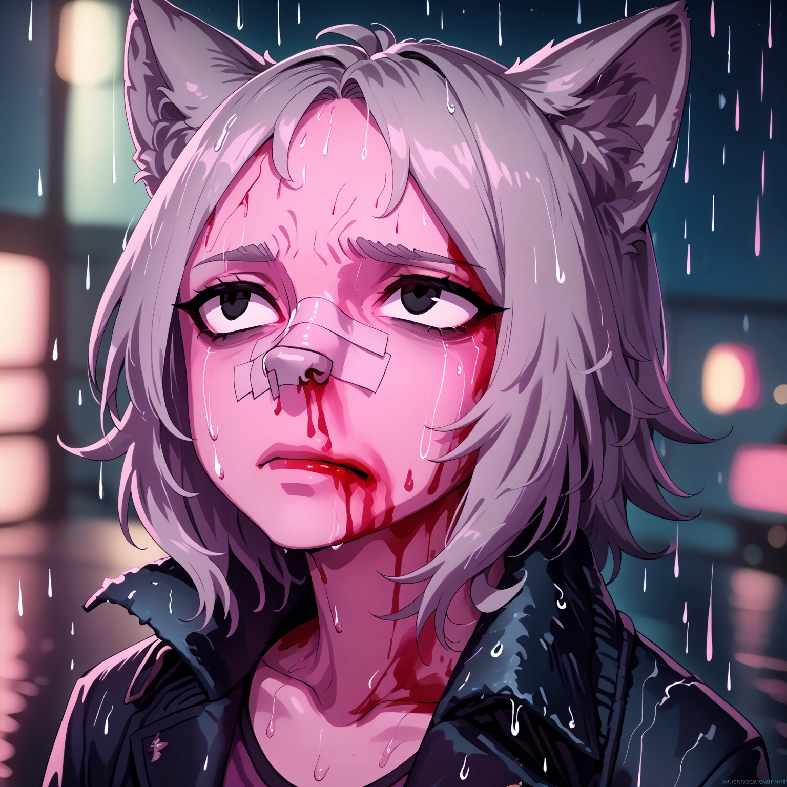 Anthropomorphic werewolf, black eyes (tired eyes), grey hair, wolf ears, black jacket,
portrait, blood on face, band-aid on nose, blurry background, pink lighting, night, darkness, pink theme, rain