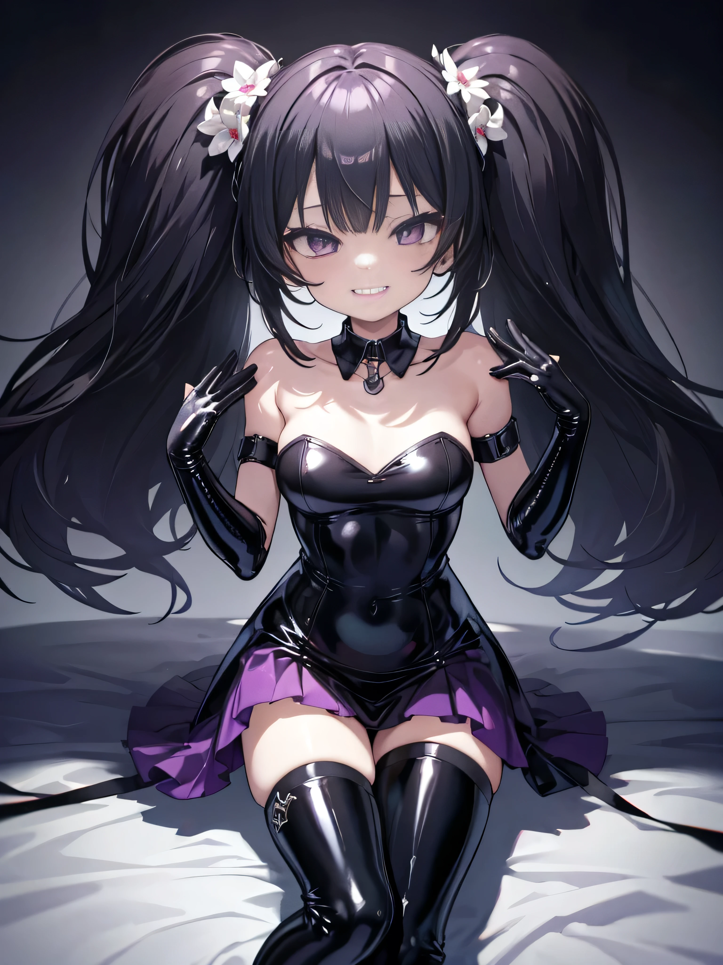(((chibi)))、(((Lori)))、(((low length)))、(((Child body type)))、(((Yankee sitting)))、(((Poop sitting)))、(((open legs:1.4)))、(((Wide-open legsでしゃがむ:1.4)))、(((Raise your knees and open your legs in an M shape:1.4 )))、BDSM、Queen、mistress、(((One girl)))、solo:1.8、(((Black latex elbow gloves:1.4 )))、(((Black latex corset dress:1.4)))、(((The corset dress is decorated with beautiful lace.)))、(((Corset dress with shoulder straps)))、(((Black latex tight mini skirt:1.4)))、(((Black Thigh Boots)))、(((Black fishnet stockings:1.2 )))、(((Stiletto Heel Boots:1.4)))、(((Black latex panties)))、(((Black latex bra)))、(((Red leather collar)))、(((Sexy pose:1.4 )))、Wide-open legs:1.2、(((Erotic)))、(((Cowboy Shot)))、Sitting on the bed、Black rubber covered bed、close、Highest quality, masterpiece, High resolution, masterpiece、alone、Akemi Homura, (Anatomically perfect body、Two hands with perfect anatomy、Two legs with perfect anatomy、Perfect Fingers)、Detailed face、Fine grain、Straight Long Hair, Dark gray hair、Black headband, (((Purple eyes))), 1 Girl, Gazing at the audience, Magical girl, Portraiture, Wicked Smile、Cold Stare、blush:1.4