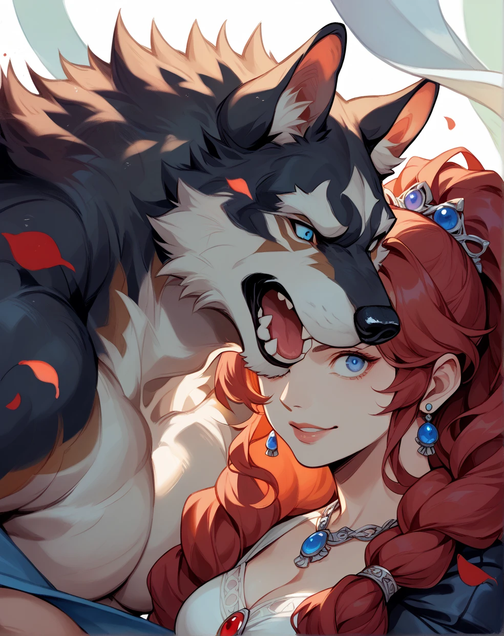 rating_safe, score_9, score_8_up, score_7_up, score_6_up, score_5_up, score_4_up, hires, highres, source_furry, watercolor, soft color, love story of human girl with long brown hair with blue eyes and red crimson giant wolf with white underbelly, family photograph, girl is smiles, wolf is confused, the girl is smiling, full body,duo,