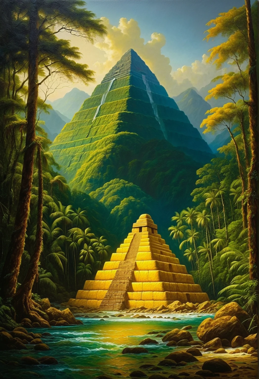  Inca pyramid made of yellow stones,  surrounded by a trapical forest , The river passes behind ,  spectral ambiance ,  dramatic lighting , ultra fine, oil on canvas.