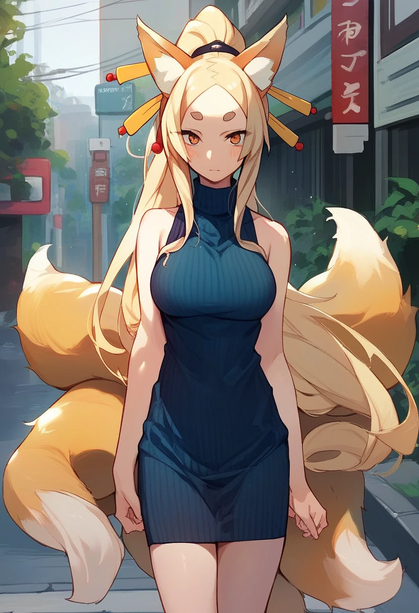 score_9, score_8_up, score_7_up, BREAK source_anime, 1girl, solo, outdoors, street, cowboy shot, looking at viewer, blush, yasaka, orange eyes, thick eyebrow, blonde hair, very long hair, parted bangs, ponytail, fox ears, fox tail, multiple tails, hair ornament, hair stick, ribbed sweater, sweater dress, turtleneck, sleeveless 