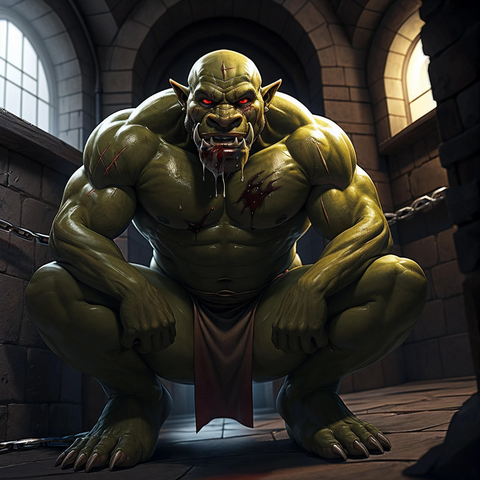 The orc, with his olive green skin and scars that appear to have been carved into his body, sits crouched in the dungeon, surrounded by shackles and chains that keep him prisoner. His bald head reflects the weak light filtering through the bars of the cell, and his red eyes seem to glow with an inner intensity. His mouth, adorned with large sharp fangs, curves into a slight seductive smile, while he sticks out his tongue and moves it slowly, as if he were flirting with the viewer. Her only outfit is a small loincloth that barely covers her privacy, which adds a touch of sensuality and vulnerability to her posture. The floor of the dungeon is covered in a dark, viscous liquid that appears to be a mixture of blood, sweat, and other bodily fluids. The smell of dampness and decay fills the air, and the sound of water droplets falling in the distance creates a gloomy and oppressive atmosphere. Despite being bound and imprisoned, the orc seems to exude an aura of confidence and sensuality, as if he were defying his captor and the very situation in which he finds himself. Her gaze is direct and provocative, inviting the viewer to come closer and explore her world.