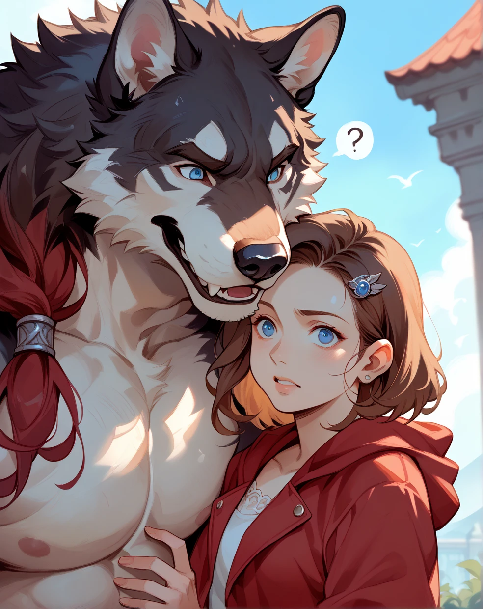 rating_safe, score_9, score_8_up, score_7_up, score_6_up, score_5_up, score_4_up, hires, highres, source_furry, watercolor, soft color, love story of human girl with long brown hair with blue eyes and red crimson giant wolf with white underbelly, family photograph, girl is mischief, wolf is confused, the girl is smiling, full body,duo,human patting wolf's nuzzle 