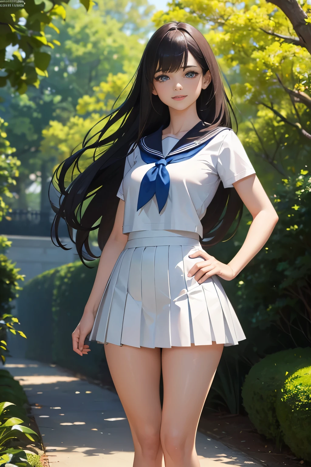 (masterpiece:1.2, top-quality), (realistic, photorealistic:1.4), beautiful illustration, (natural side lighting, movie lighting), depth of fields, 2024s,
beautiful detailed hair, beautiful detailed face, beautiful detailed eyes, beautiful clavicle, beautiful body, beautiful chest, beautiful thigh, beautiful legs, beautiful fingers, shiny skin,
full body shot, full body focus, looking at viewer, smiling to viewer, 1 girl, high school girl, (perfect anatomy, anatomically correct, super detailed skin), cute and symmetrical face, perfect face, perfect eyes, tiny, face,
(middle hair, straight hair, dark brown hair), swept bangs, blue eyes, drooping eyes, long eyelashes, (medium breasts, seductive thighs), medium body, outstanding style,
(detailed cloth texture), break (white sailor suit), break, (white pleated skirt), break (blue sailor neckerchief), break
(beautiful scenery), autumn, afternoon, (tree-lined avenue:1.2, chestnut tree, ginkgo tree, grass), standing, (), (cute smile, parted lips),
