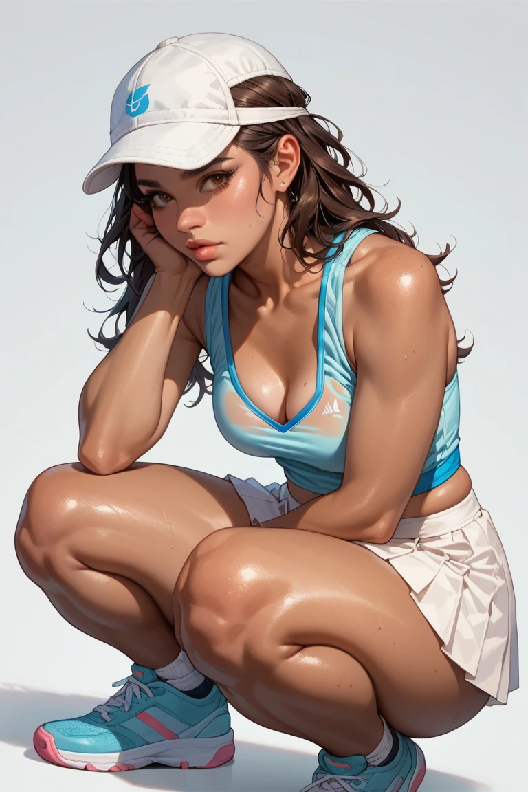 score_9, score_8_up, score_7_up, cartoon of a girl, solo, sexy, slutty, brown skin, brown eyes, brown hair, straight hair, white cap, white tennis top, light blue mini skirt, sheer peach panty, large ass, thick thighs, small breast, squatting, wide hips, white background