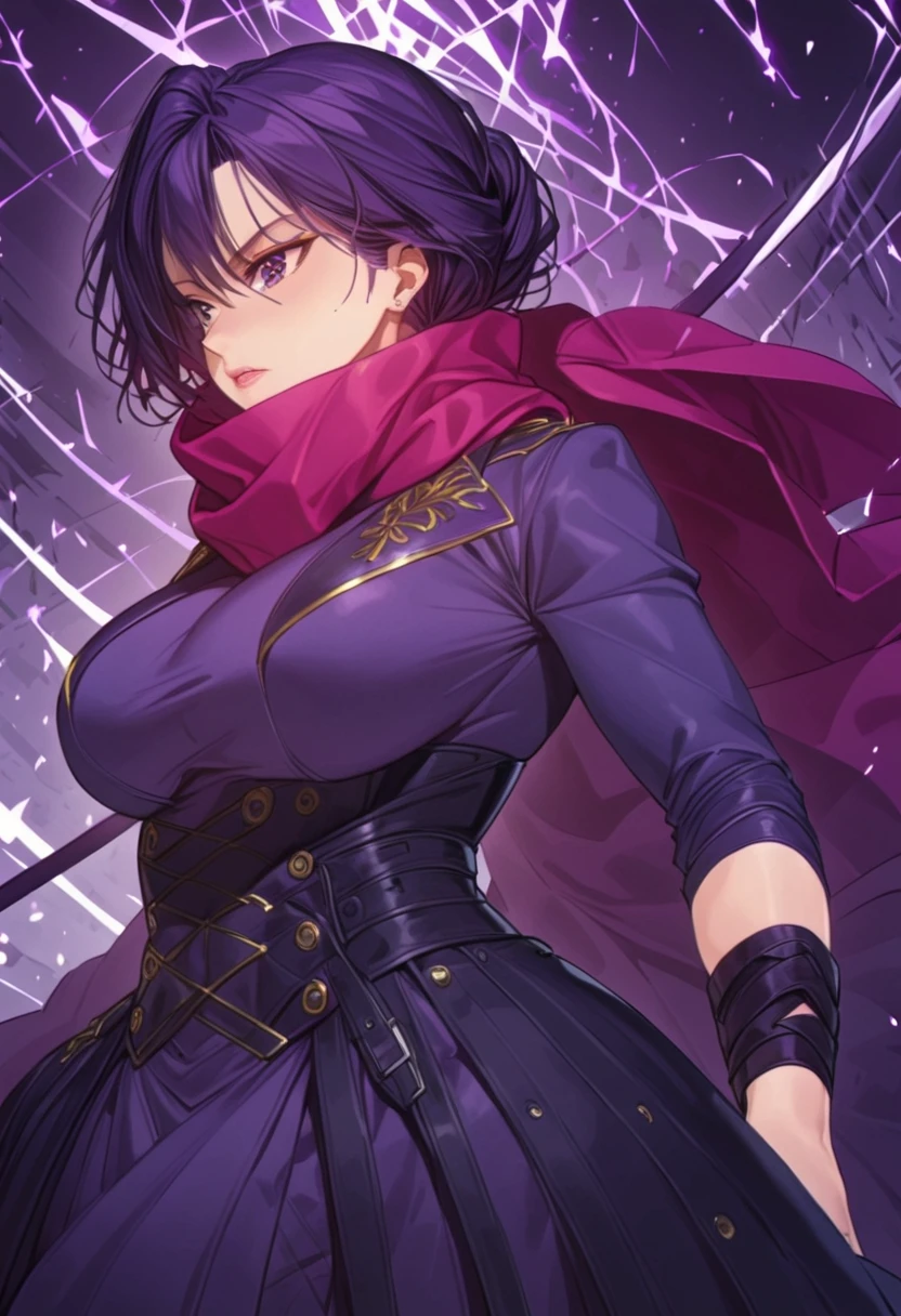 a woman, purple hair, white and purple, "red scarf", huge breasts, very short crop top you can see part of the breasts underneath, elegant dark purple skirt, saber in the back, determined seductress, we can see her belly 