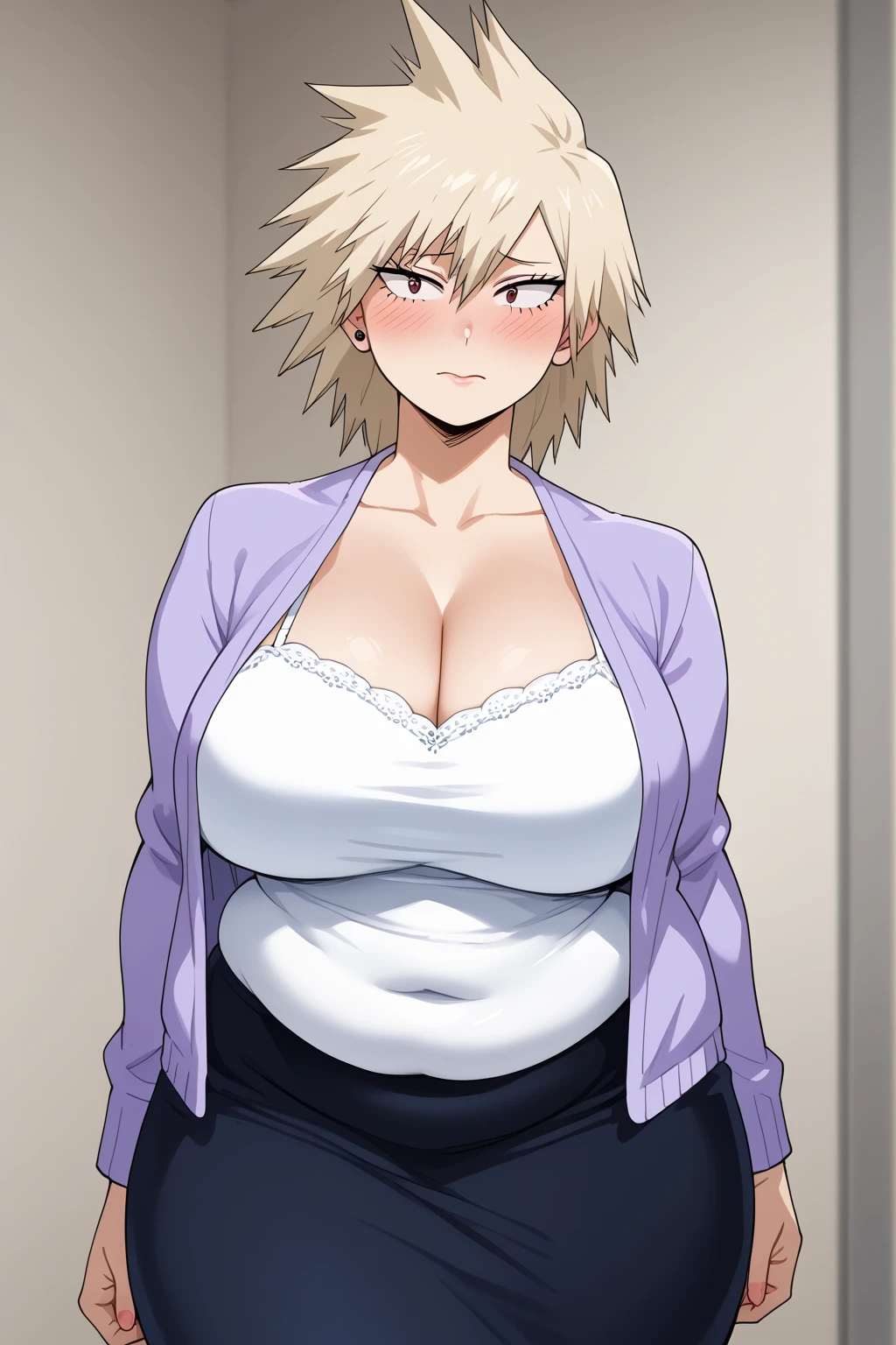   score_9,   score_8_up,   score_7_up,   score_6_up,   score_5_up,   score_4_up,     Masterpiece  ,   top quality,   Very Aesthetic ,   absurd, Mitsuki bakugo purple cardigan,  Long Sleeve ,  white camisole,  black skirt,  source_Anime, Anime screencap,    one woman , Alone,  personal  ,   long hair, Super huge breasts, ((( super huge clevis, Super huge , Super huge boob))), Curvy,   Wide Hips  ,   embarrassed expression, Fat body,   chubby,  obese body type ,blush, Shy woman,  belly fat sticking out of clothes,　 sloppy stomach, Mature Woman, milf, 40 years old, ssbbw,,  saggy stomach ,  in the room