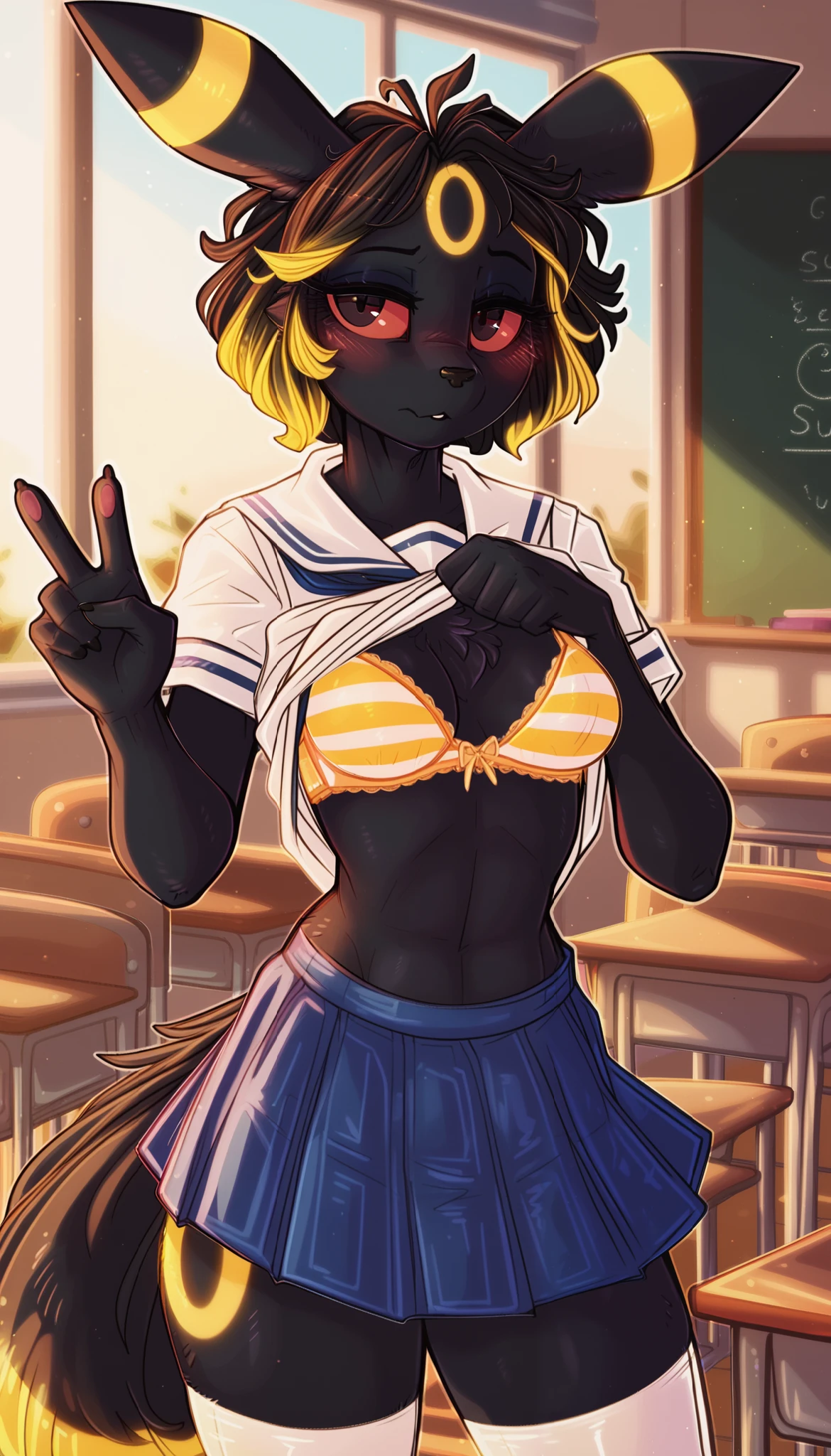 Very shy expression, 1girl, anthro, furry, fur, fluffy fur, umbreon girl, black hair (yellow highlights), short hair, messy hair, (18 years), black eyes, red sclera, medium breast, thicc thighs, (classroom), (sunset), (school uniform, blue skirt, white thighhighs), half-closed eyes, detailed, trying to not look at the viewer, (shy, tímid), peace sign on both hands, shirt lift, yellow bra (striped bra), (dimwitdog), score_9, score_8_up, score_7_up, score_6_up, score_5_up, score_4_up