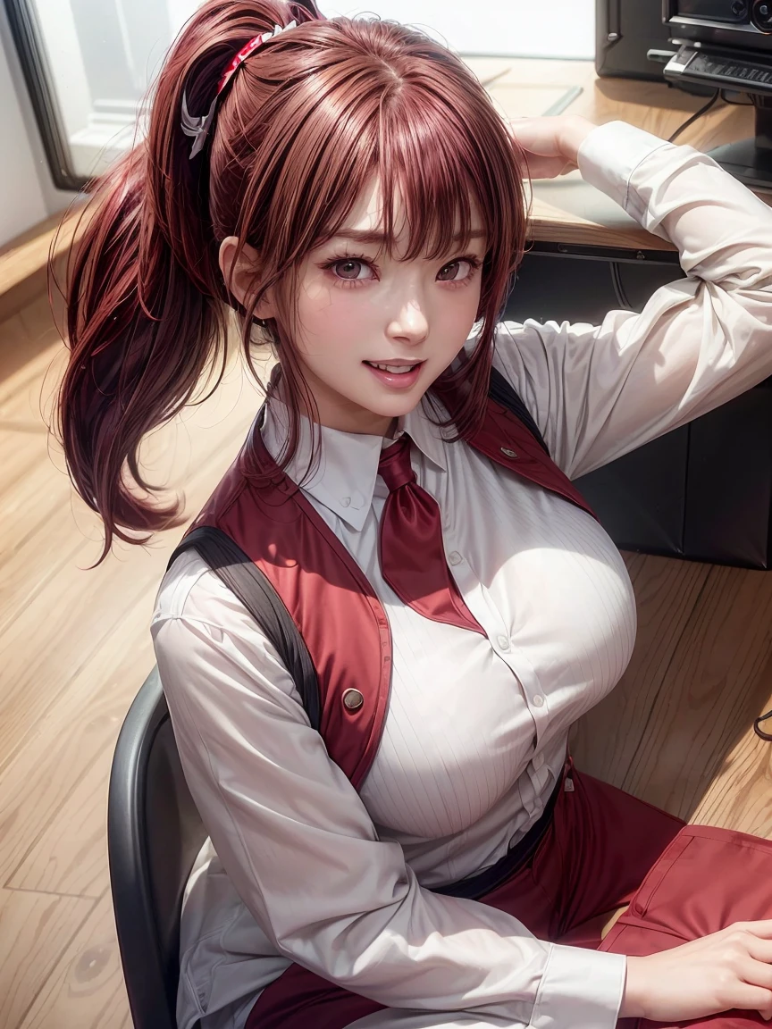  extremely detailed CG Unity 8K wallpaper , Beautiful paintings, (( dark red hair 、 Left Side Ponytail :1.2)), (( almond-shaped eyes :1. 4)),  shiny hair, Thick bangs, (( I show my white teeth and laugh : 1. 2)), ((Image Processing Algorithms:1.5)),  high pixel density in front of the copier、 beautiful and exquisite eyes 、 top quality, Ultra-clear illustrations、 high contrast、Color tone correction、 super realistic oily skin and glossy skin,  detailed fabric texture,  physical based rendering、 retina、 ray tracing,  RAW photo, Natural Frontal Light 、Accurate Fingers,  anatomically accurate , 
break、
(( upper body closeup:1.2)), (( office lady in suit sitting on office chair))、