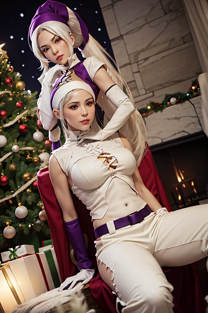 Ponytail Long hair, white hair, Christmas hat, purple Headband, beige PANTS, gloves, 1woman, sitting, detailed, realistic, covered navel, large breasts, looking at viewer, Christmas tree, Christmas gift, Christmas, waist, Venezuelan face