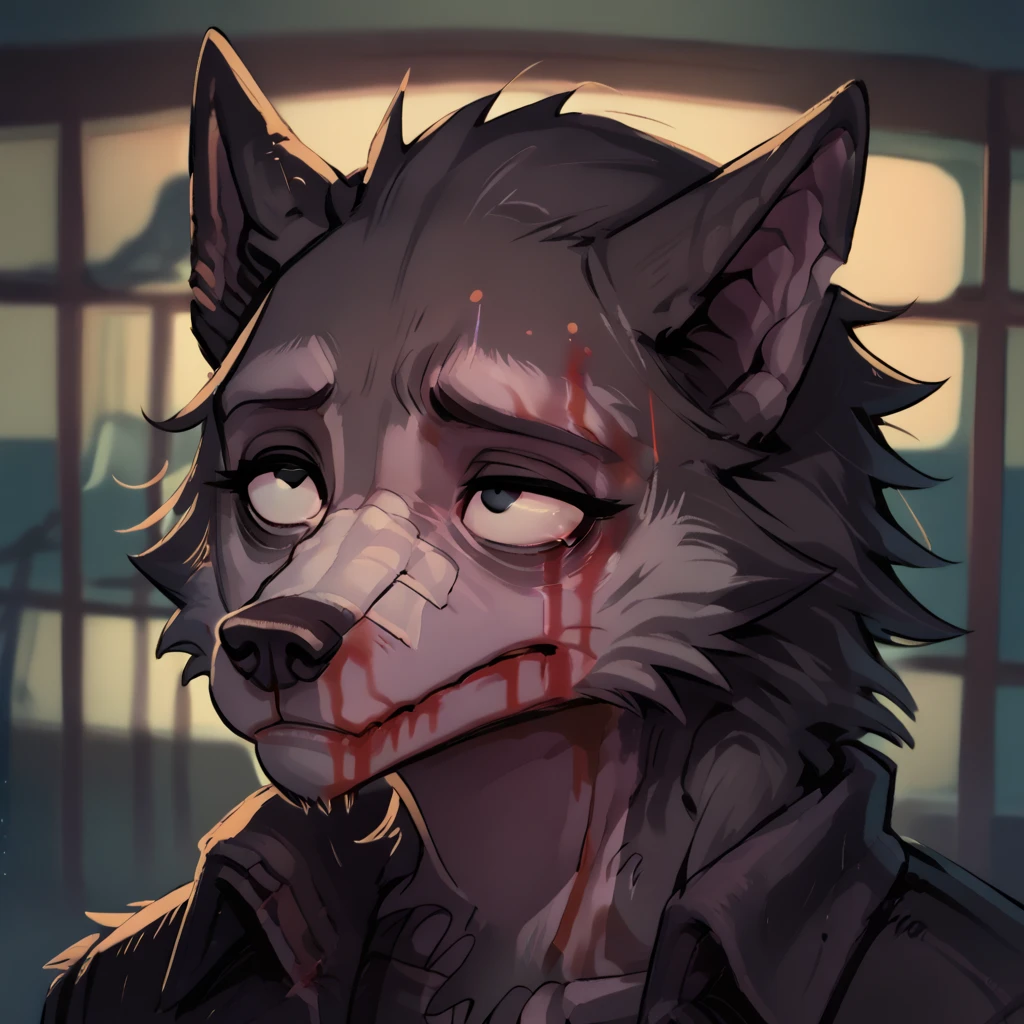 ((werewolf)), black eyes (tired eyes), grey hair, wolf ears, black jacket,
portrait, blood on face, band-aid on nose, Blad3Runner, closed mouth, portrait, blood on face, bandaid on nose, bandaid on face,blurry background, pink lighting,night, dark