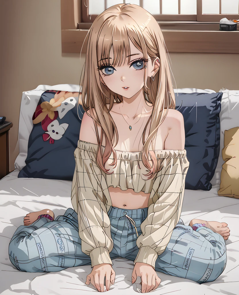 A sexy and alluring beautiful woman, sitting on a bed, wearing a loose off-shoulder top and pajama pants, her long curly hair framing her face, in a relaxed pose indoors with soft lighting, realistic, intricate details, Ultra HD portrait 8k, aesthetically pleasing style 