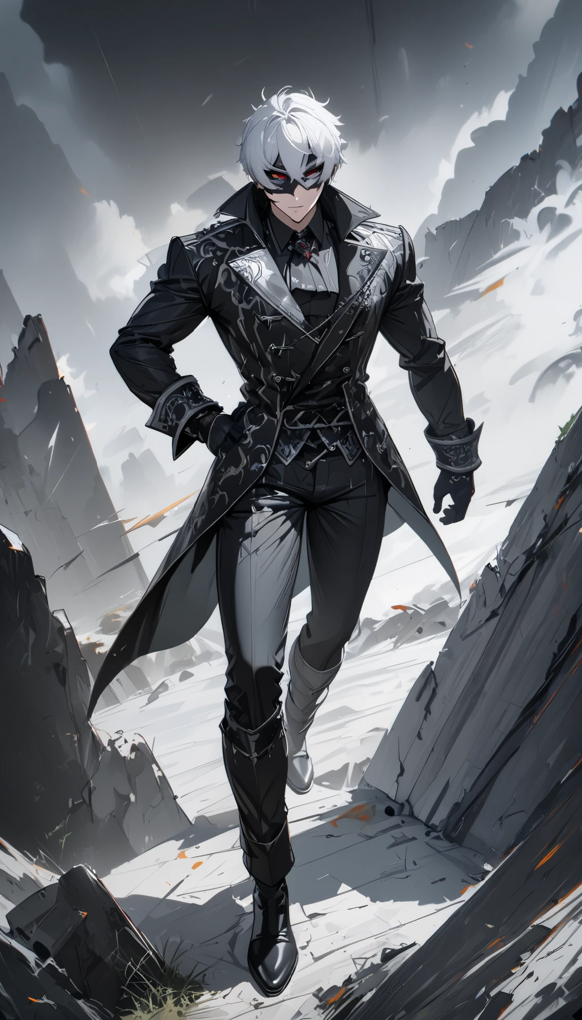1 male, short hair, white hair, green eyes, black and silver diluc clothes, (best quality,4k,highres,masterpiece:1.2), slightly muscular, half mask, full body