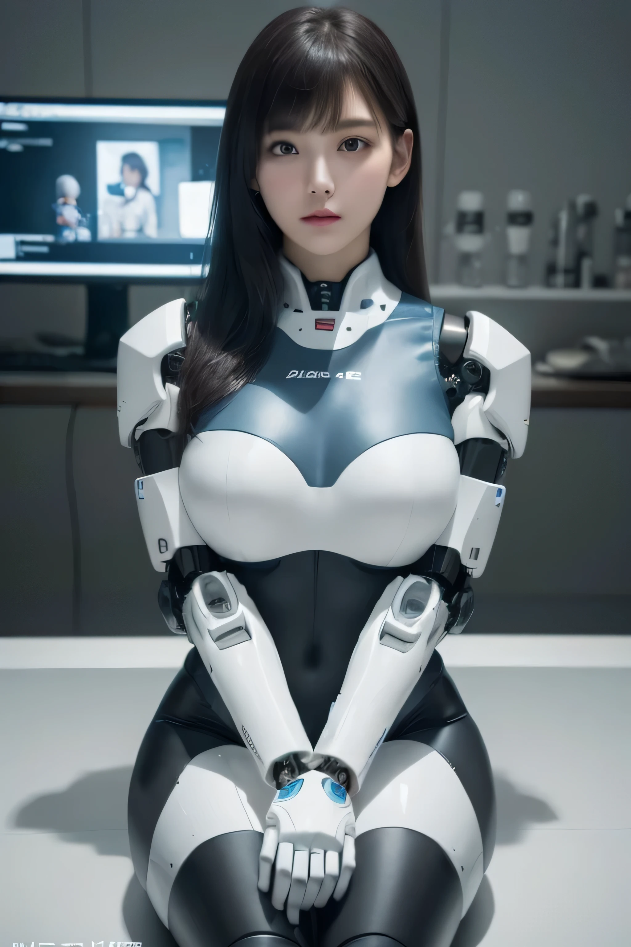 (Photorealistic:1.4), (Raw photo)masutepiece, Best Quality, Extremely detailed, (Photorealistic:1.4), (8K, 4K, Best Quality, hight resolution, 超A high resolution:1.1), 8K Portrait,1girl in, Japanese android gid,Plump , announcer,control panels,android,Droid,Mechanical Hand, ,Robot arms and legs, Black hair,Mechanical body,Blunt bangs,White Robotics Parts,perfect robot woman,Charging spot,Long Tube,A thick cable was connected to his neck.,ceramic body ,Mechanical body, mechanical ear covers,android,robot humanoid,Slightly Chubby,pantiy,complete eyes,Perfect machine body,White robot body,The laboratory of the future,android factory,mechanical ear covers,White and light blue uniform,light blue accent costume, 20 years old