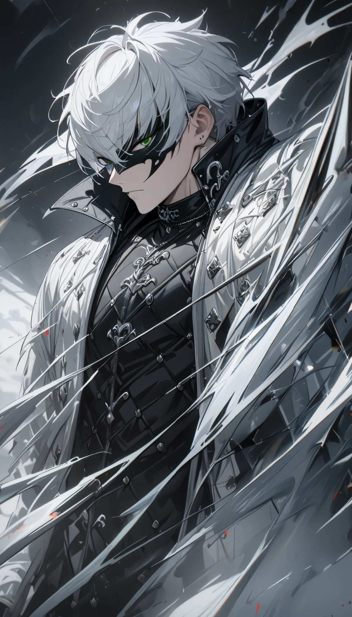 1 male, short hair, white hair, green eyes, black and silver diluc clothes, (best quality,4k,highres,masterpiece:1.2), slightly muscular, half mask, full body