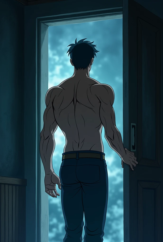 tall male, standing in the balcony, wearing_nothing, enjoying the rain, dark surrounding, dim lighting