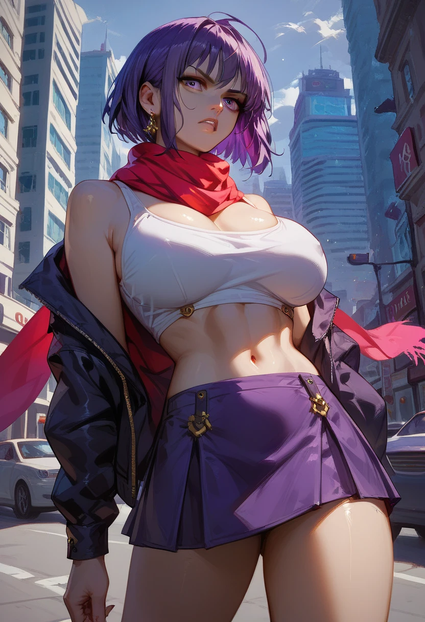 a woman, purple hair, white and purple, "red scarf", huge breasts, very short crop top you can see part of the breasts underneath, elegant dark purple skirt, saber in the back, determined seductress, we can see her flat stomach, in a city 