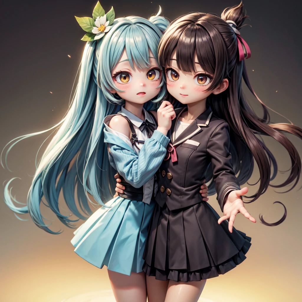 Actual, Two girls staring at each other, Long Shot, One short woman (Permanently installed) Wear a bikini, Long Hair, barefoot, 1 Mini Giantess Mini Giantess (feminine, Losing weight, sexy, Torn clothes, Sweat), (Medium Chest: 1.5) Looking down, Dynamic pose, Best, Scene involving two women, Beware of height differences, Couple,Sailor suit、Long skirt, Anxious face (Highly refined skin), Detailed face, 8K Ultra HD, Soft Light, high quality, Full body portrait.
