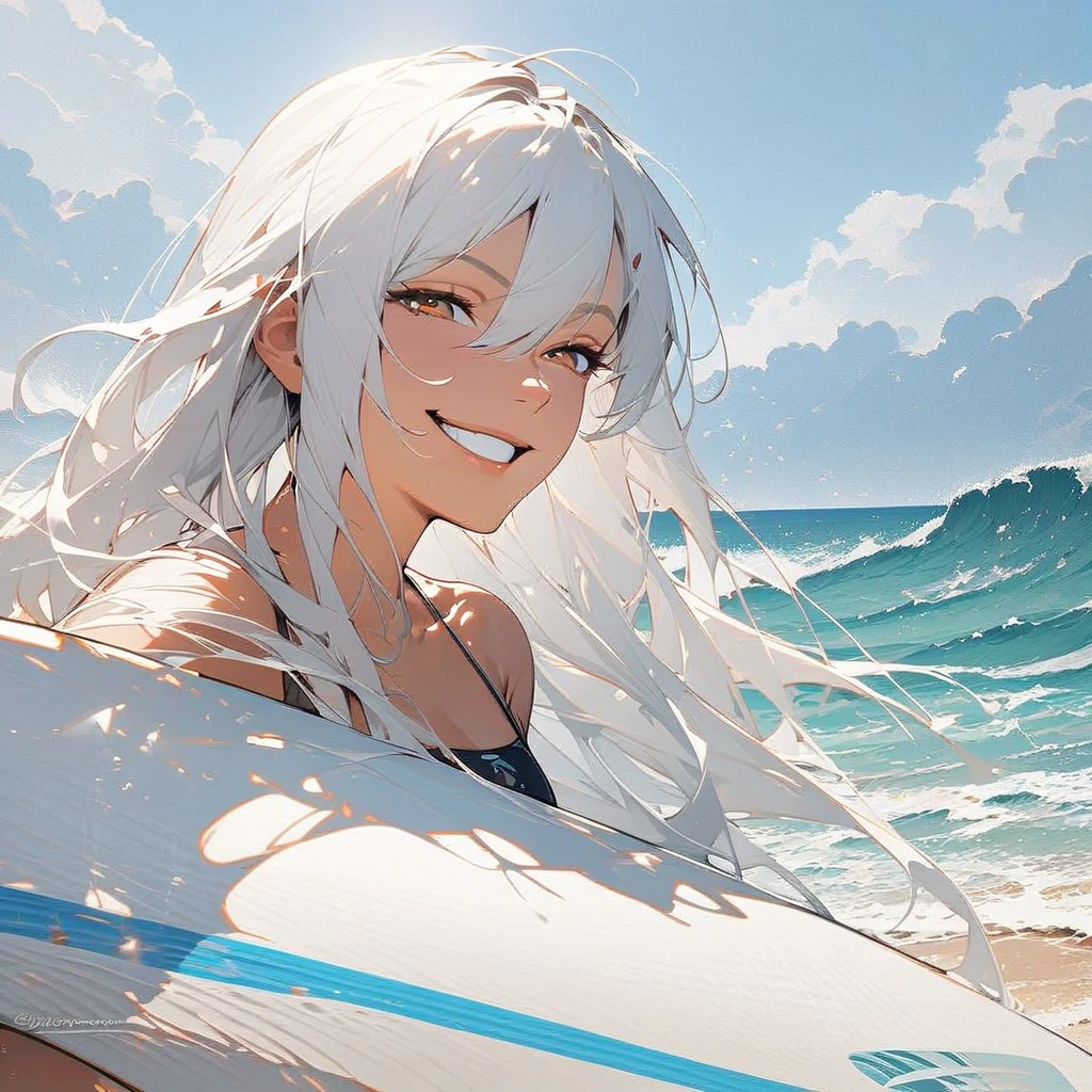 Long white hair, Surfer, Surfer girl, at the beach, waves, water, wearing bikini, surfboard, Solo, Solo, 1girl, High Resolution, Long Hair, Looking at viewer, High Resolution, Detail, High Details, Very Long Hair, White Hair, Parted Lips, Grin, Smirk, Laughing, Amber colored eyes