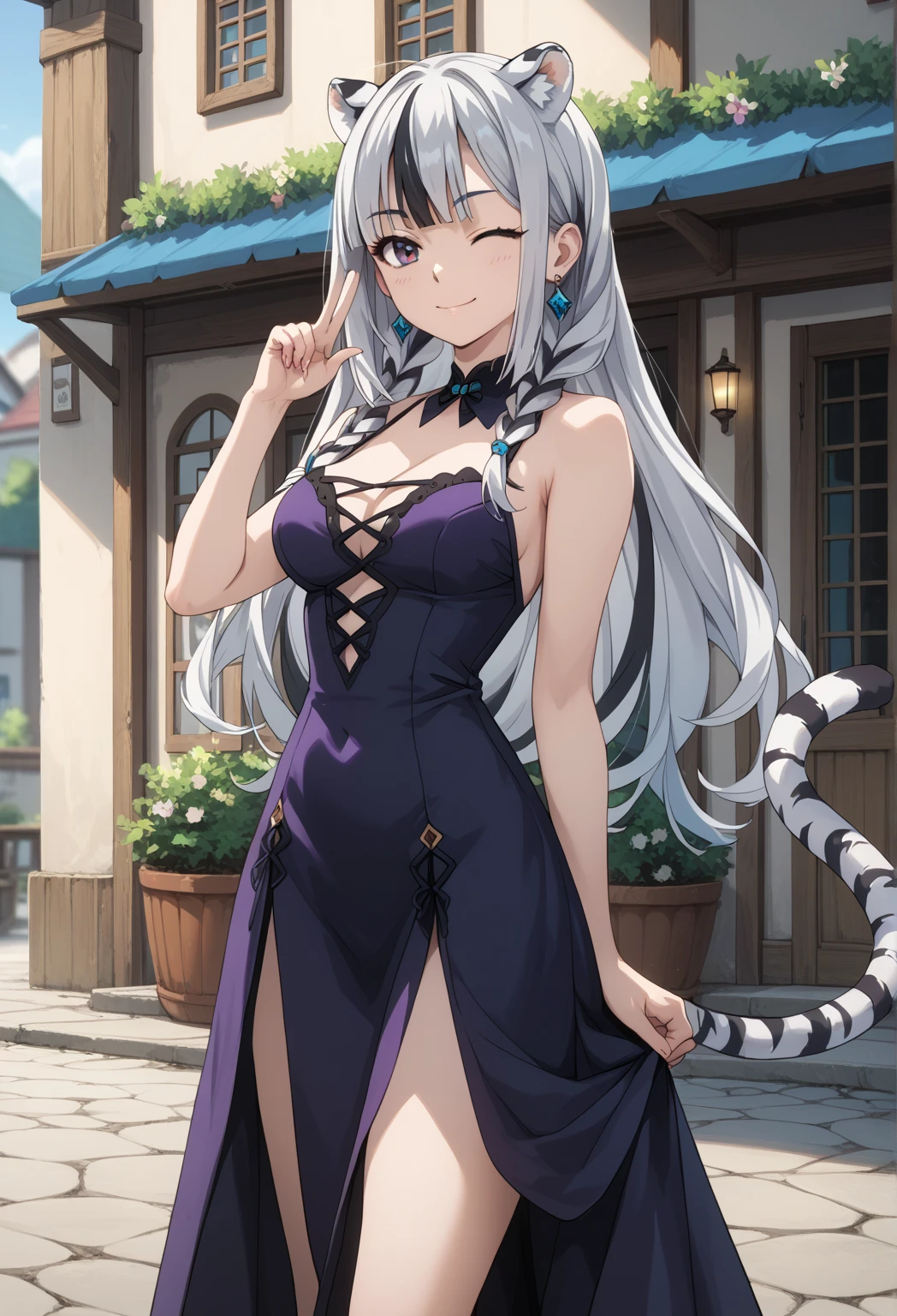 ((masterpiece)),  anime lighting , fairy tale art style ,  1 girl, Alone,  long hair , Gray Hair,  black hair, Multicolored Hair, White tiger ears, White tiger tail,  eye closed ,  standing with different breasts , , A proud smile,  low twin braid,  purple dress ,   black dress,  Multicolor Dress .