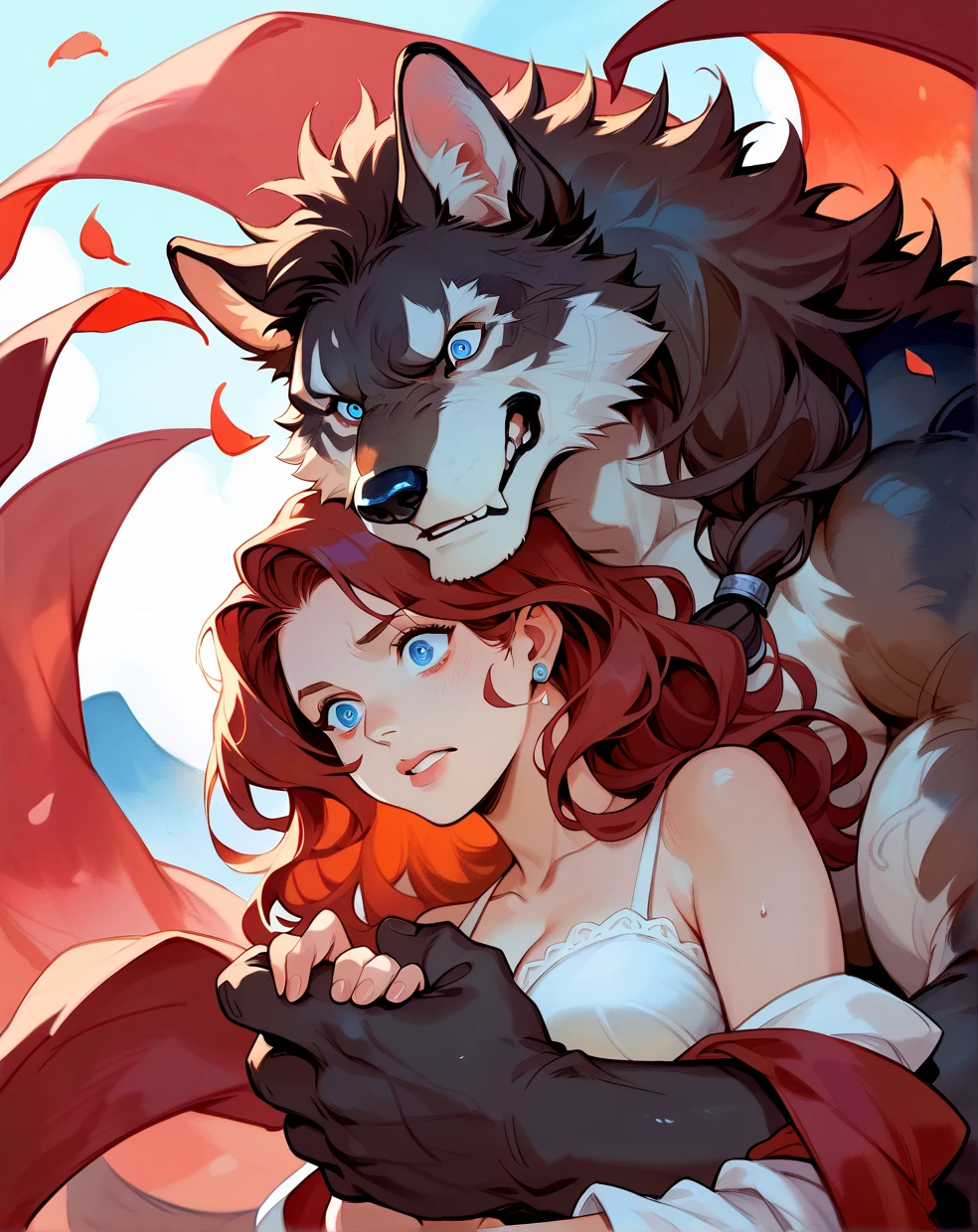 rating_safe, hires, highres, source_furry, watercolor, soft color, love story of human girl with long brown hair with blue eyes and red crimson giant wolf with white underbelly, family photograph, girl is mischievous, wolf is confused, the girl is smiling, full body,duo,human girl hugging male wolf's chest 