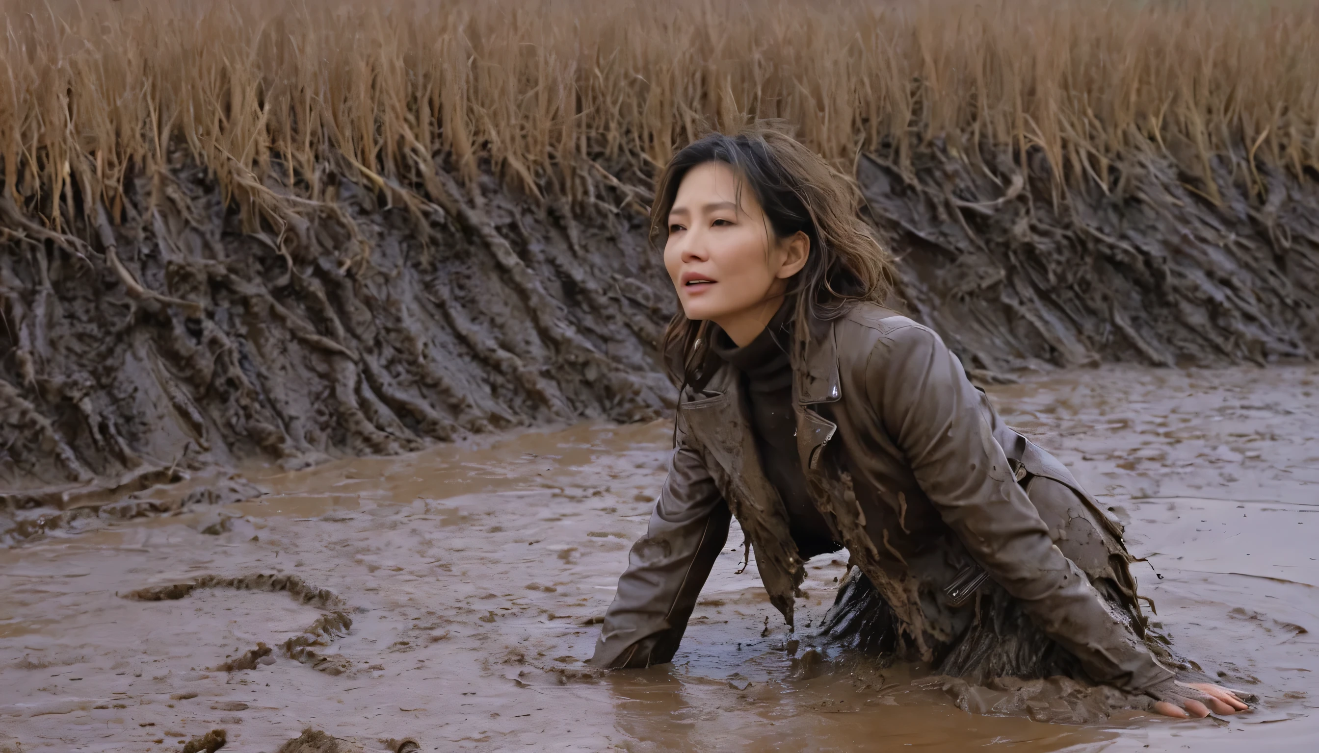 Woman in mud puddle with brown jacket and brown boots - SeaArt AI