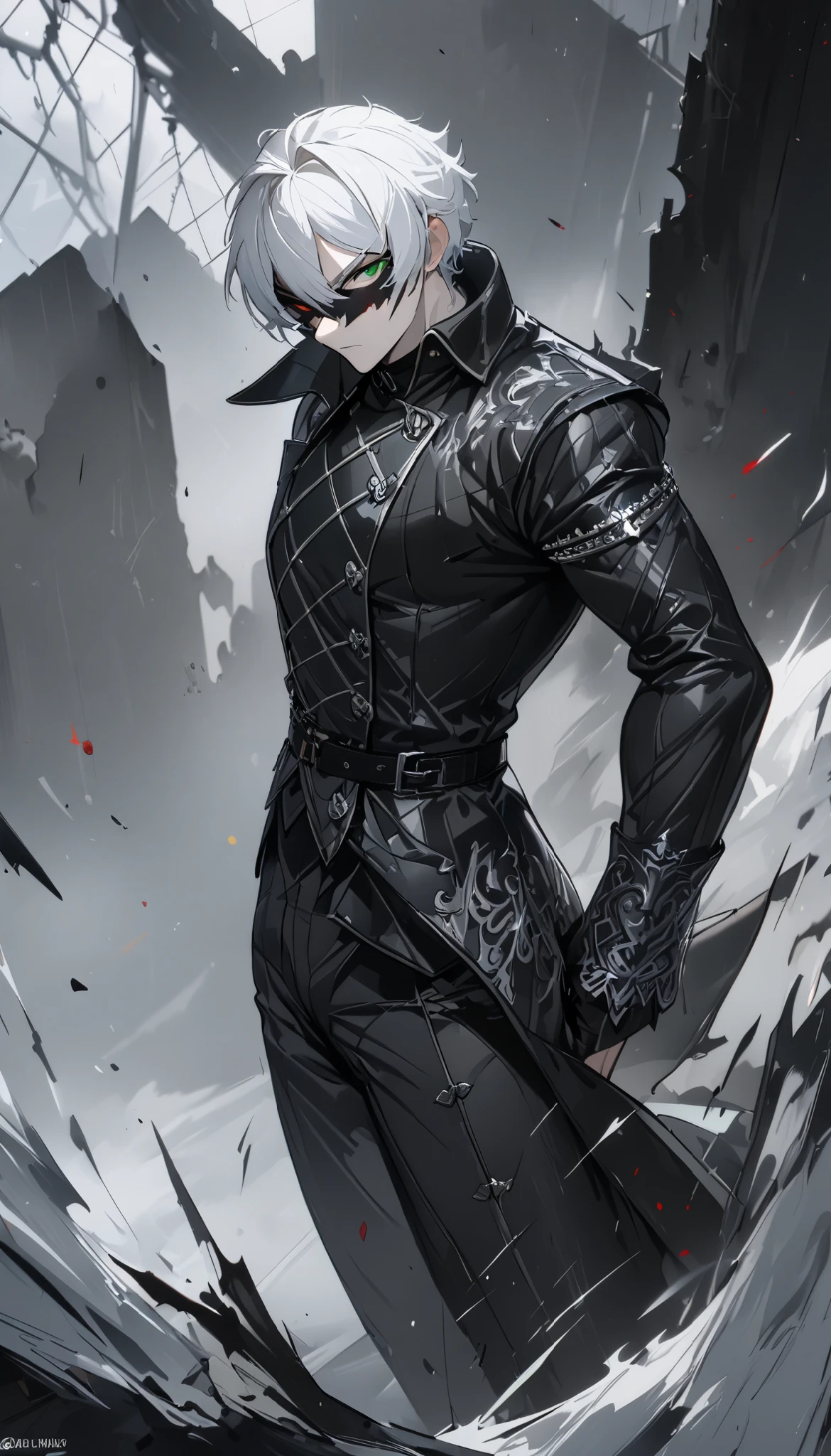 1 male, short hair, white hair, green eyes, black and silver diluc clothes, (best quality,4k,highres,masterpiece:1.2), slightly muscular, half mask, full body