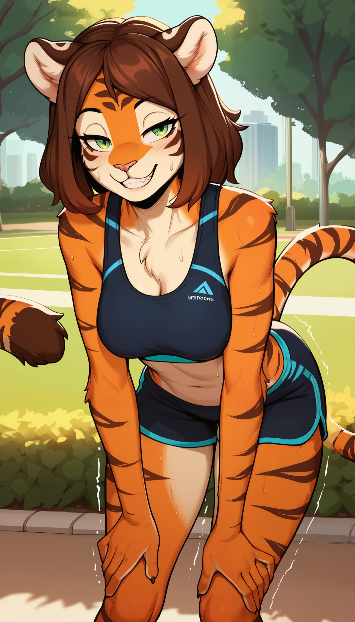 android female, tigress anthro, housewife, blonde hair, green eyes, red shirt, robot joints, Pixar 3D style