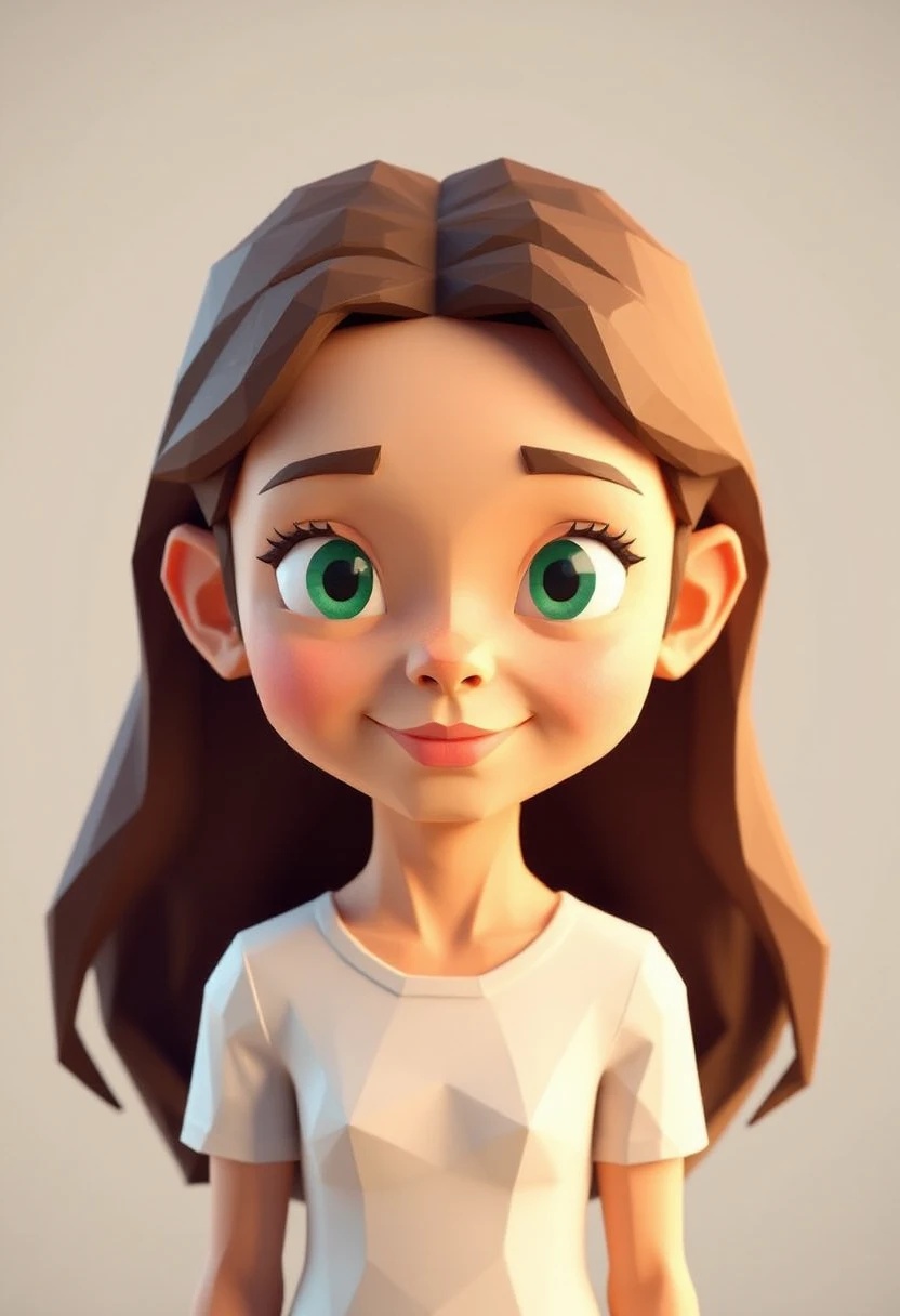 lo-ply_ a low-poly render of an adorable girl with green eyes and brown long hair