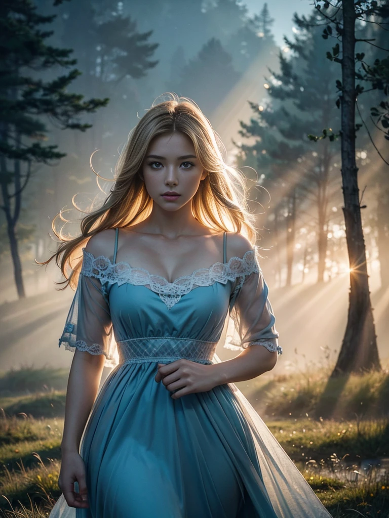 Masterpiece, realistic, hasselblad camera picture, A beautiful woman is dramatically revealled in the early morning fog, she is in a mystical meadow with a river near by, she looks distraught, she may be a target for a creature, she wears a simple 17th century dress, torn and dirty dress, blonde womand with blue eyes, high resolution, dramatic light, crepuscular rays, upper body, volumetric fog, run towards camera